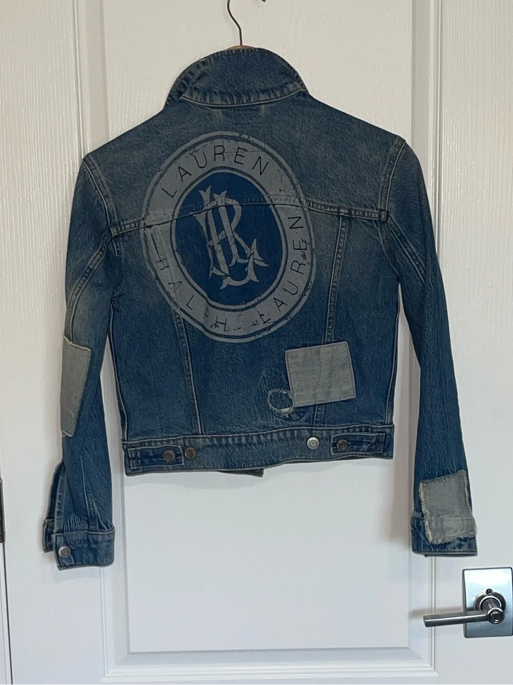 RALPH LAUREN Womens Patchwork Big Logo Denim Jacket Blue XXS Crop Distressed - Picture 8 of 10